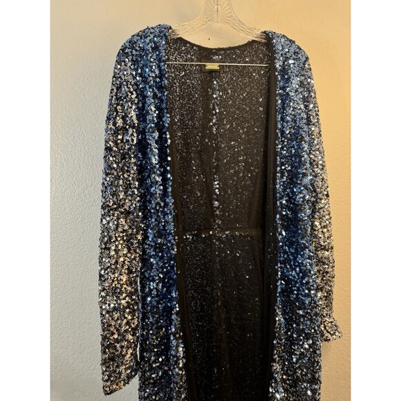 Alexia Admor dressy Blue Silver Ombré sequined DUSTER wrap Jacket cardigan Large - Picture 4 of 15